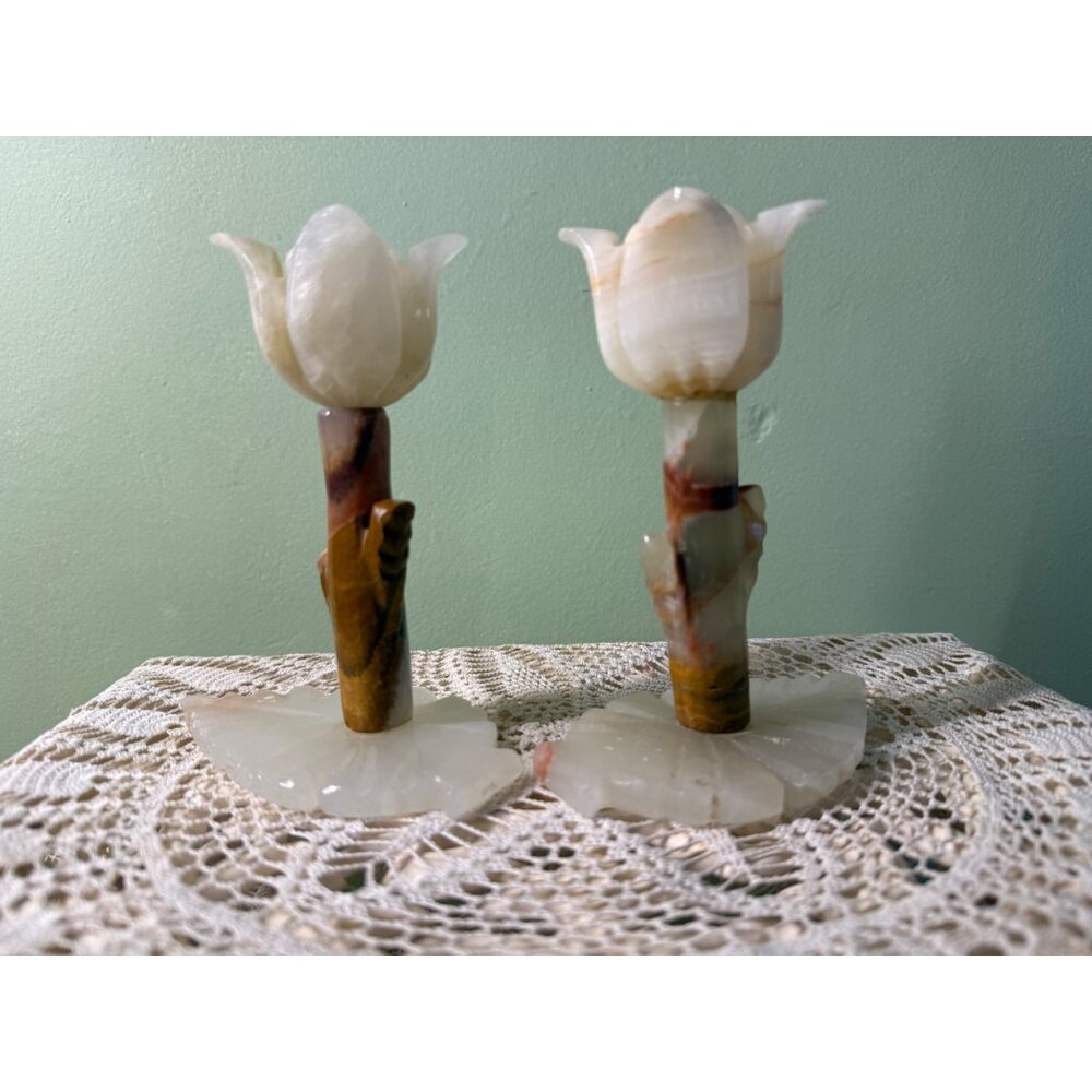 Vintage MCM Carved Onyx Flower Candle Stick Holders - Picture 12 of 16